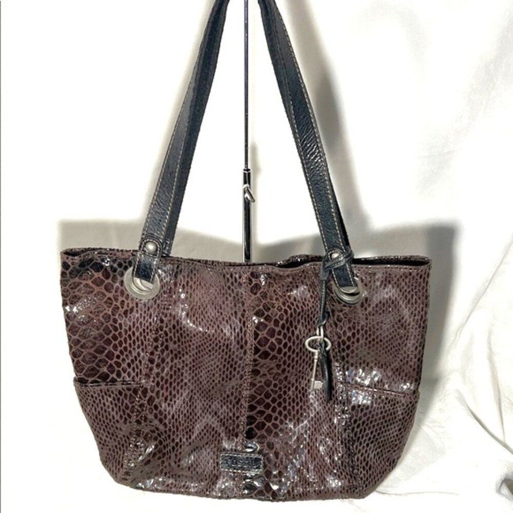 Fossil Shiny Brown and Black Snakeskin Patterned Tote Bag